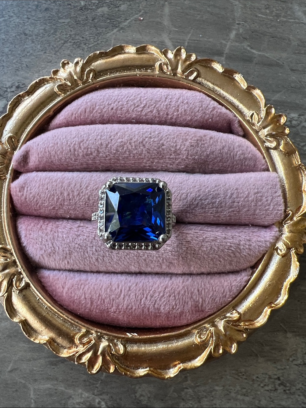 Silver plated Ring with Deep Blue Square Gemstone size 7.5 as is but adjustable